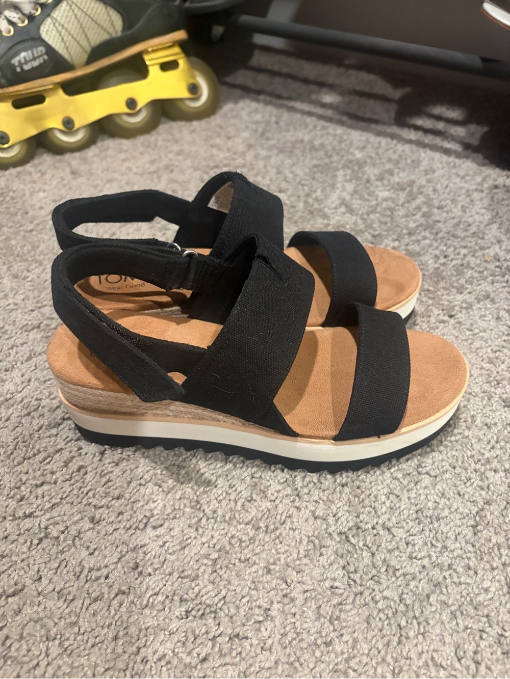 TOMS Black and Tan Platform Strappy Sandals